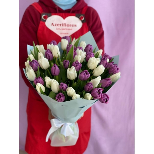 Купить бело-фиолетовую охапку из 51 тюльпанов с доставкой в Комсомольске-на-Амуре